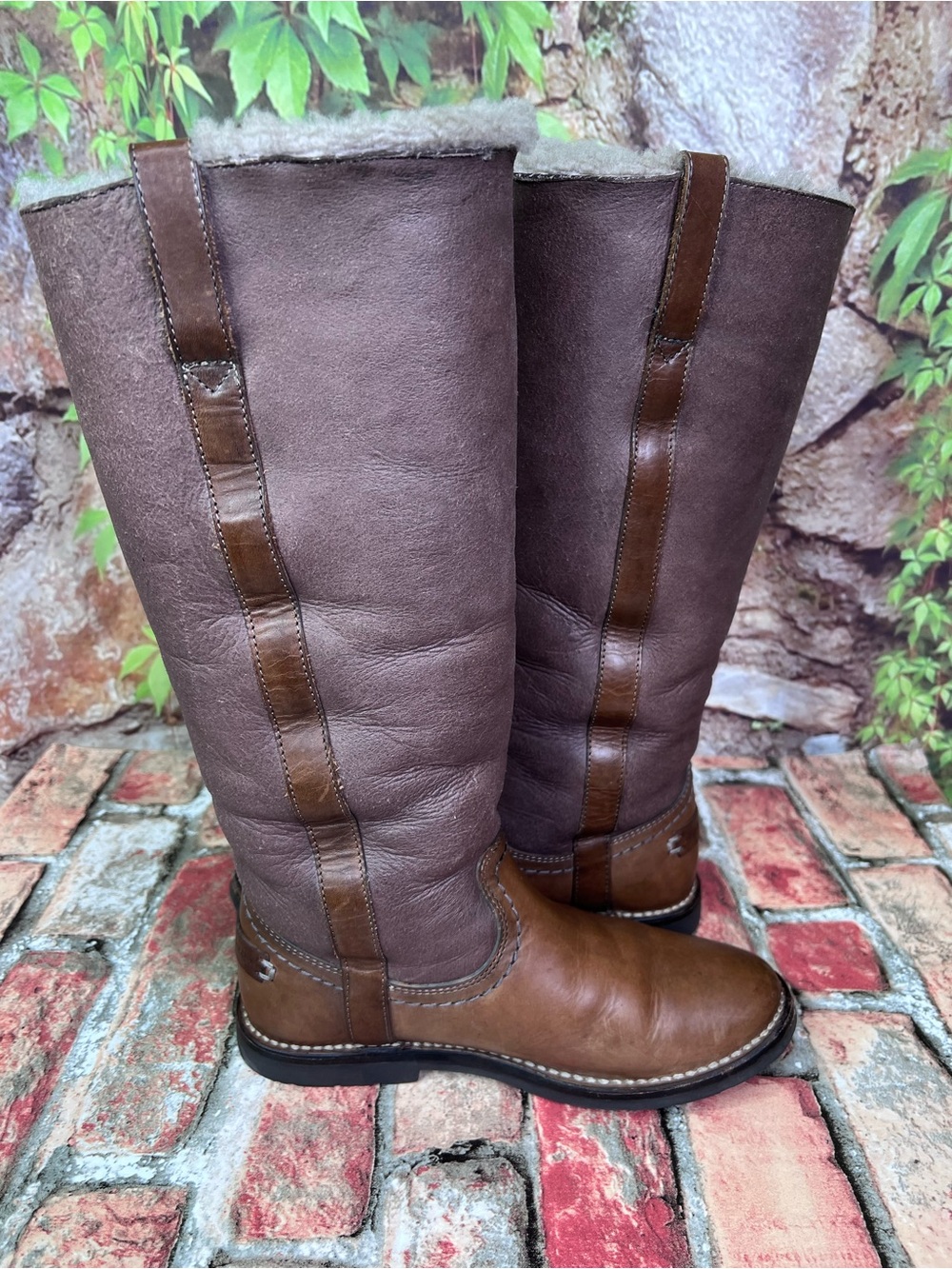 FRYE Tan and Brown Sherpa Lined Shearling Log Sole Tall Riding Boots, 5.5 - Picture 11 of 16